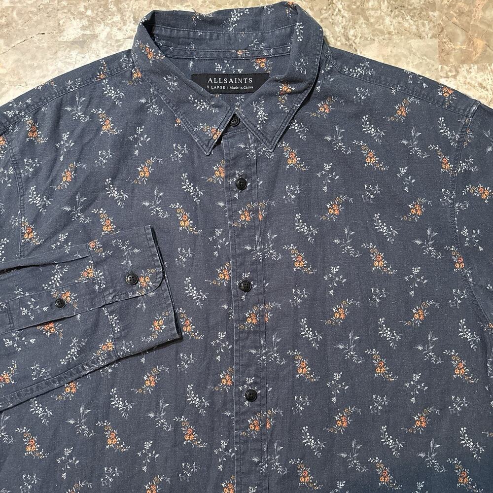 All Saints Shirt Mens XL Blue Chesaw Linen Blend Long Sleeve Workshirt